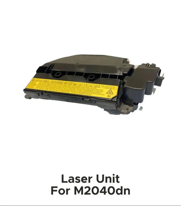 A re-conditioned Kyocera 2040 laser unit from Copier World, shown in black with a yellow warning label on a white background. Laser Unit For M2040dn appears beneath the image.